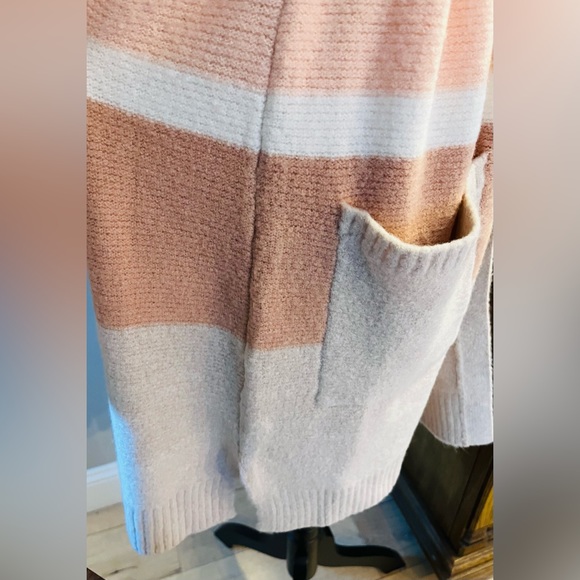 POEM & THREAD Long Cardigan Sweater Coat Open Front Belted Champagne Ivory/Pink - Picture 9 of 14